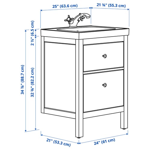 HEMNES / ORRSJÖN Meuble sdb avec tiroirs/lavabo, gris, 25x21 3/4x34 7/8 "