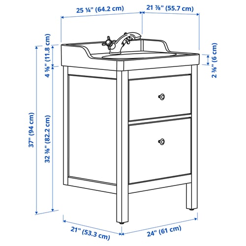 HEMNES / RUTSJÖN Meuble sdb avec tiroirs/lavabo, blanc, 25 1/4x21 7/8x37 "