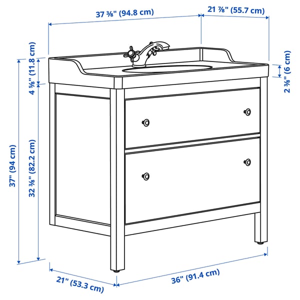 HEMNES / RUTSJÖN Meuble sdb avec tiroirs/lavabo, blanc, 37 3/8x21 7/8x37 "