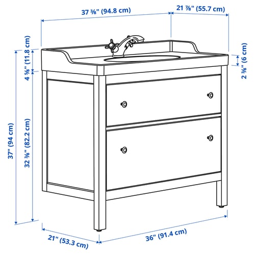 HEMNES / RUTSJÖN Meuble sdb avec tiroirs/lavabo, blanc, 37 3/8x21 7/8x37 "