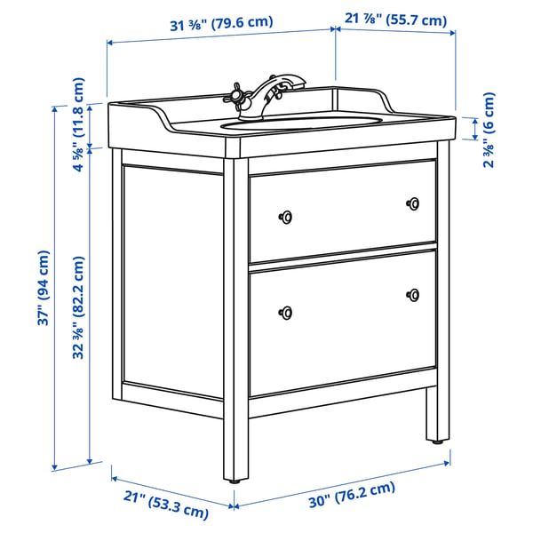 HEMNES / RUTSJÖN Meuble sdb avec tiroirs/lavabo, bleu, 31 3/8x21 7/8x37 "