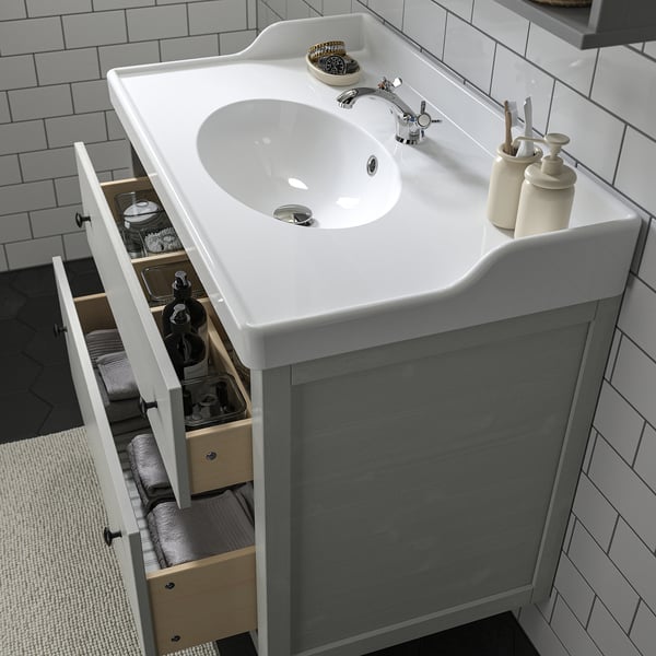 HEMNES / RUTSJÖN Meuble sdb avec tiroirs/lavabo, gris, 37 3/8x21 7/8x37 "