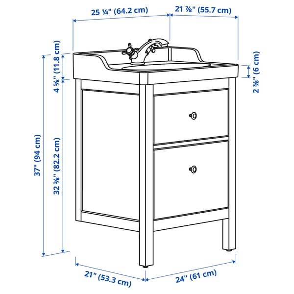HEMNES / RUTSJÖN Meuble sdb avec tiroirs/lavabo, gris, 25 1/4x21 7/8x37 "