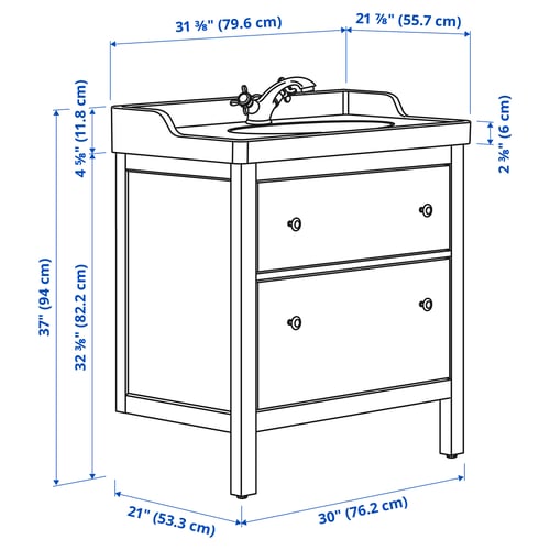 HEMNES / RUTSJÖN Meuble sdb avec tiroirs/lavabo, gris, 31 3/8x21 7/8x37 "