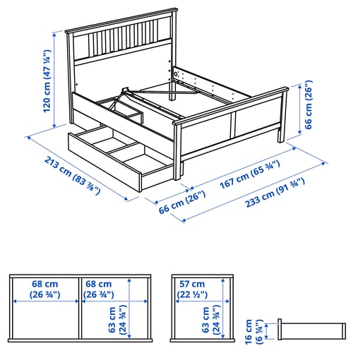 HEMNES Struct lit+2 btes de rangement, teinté blanc/Luröy, Grand 2 places
