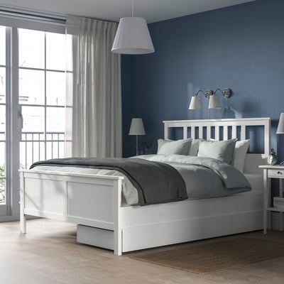 HEMNES Struct lit+2 btes de rangement, teinté blanc/Luröy, Grand 2 places