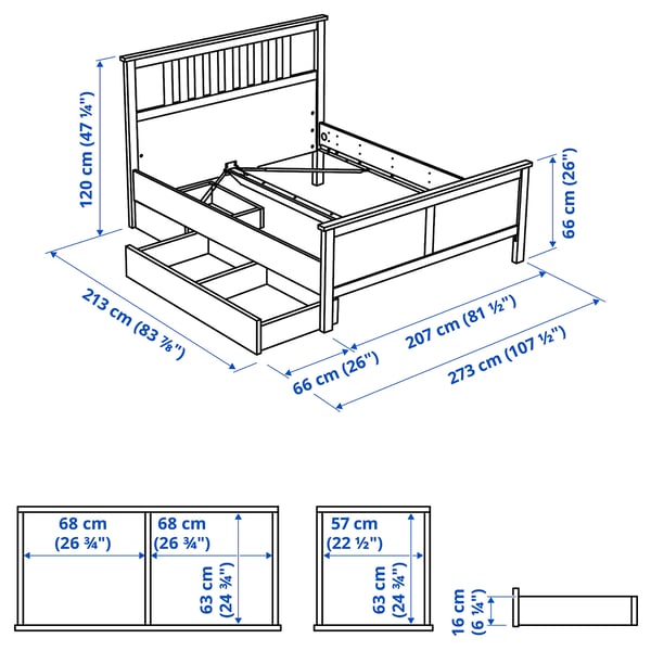 HEMNES Struct lit+2 btes de rangement, teinté blanc/Lyngör blanc, Très grand 2 places