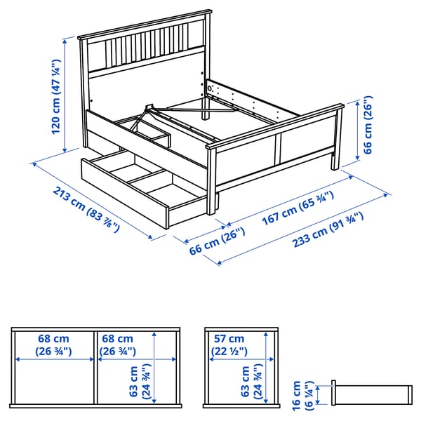 HEMNES Struct lit+2 btes de rangement, teinté blanc/Lyngör blanc, Grand 2 places