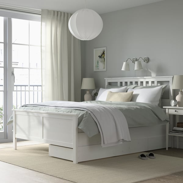 HEMNES Struct lit+2 btes de rangement, teinté blanc/Lyngör blanc, Grand 2 places