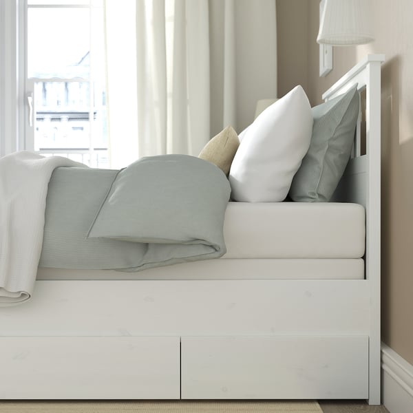 HEMNES Struct lit+2 btes de rangement, teinté blanc/Lyngör blanc, 1 place