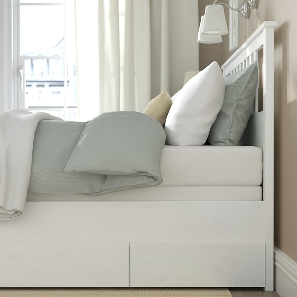 HEMNES Struct lit+2 btes de rangement, teinté blanc/Lyngör blanc, Grand 2 places