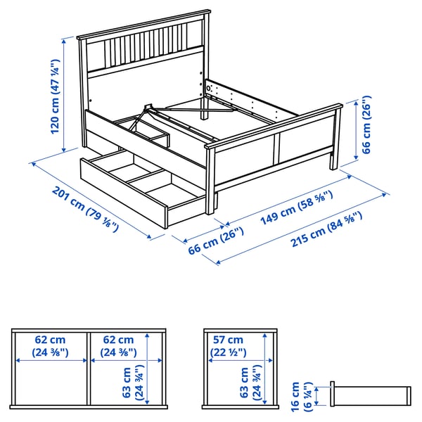 HEMNES Struct lit+2 btes de rangement, teinté blanc, Deux places