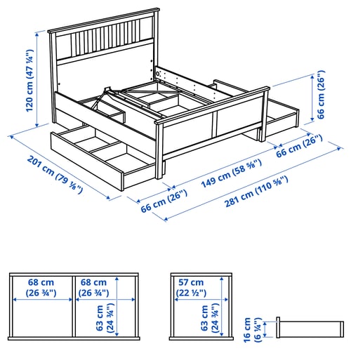 HEMNES Structure lit+4 tiroirs, teinté blanc/Luröy, Deux places