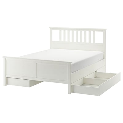 HEMNES Structure lit+4 tiroirs, teinté blanc/Luröy, Grand 2 places
