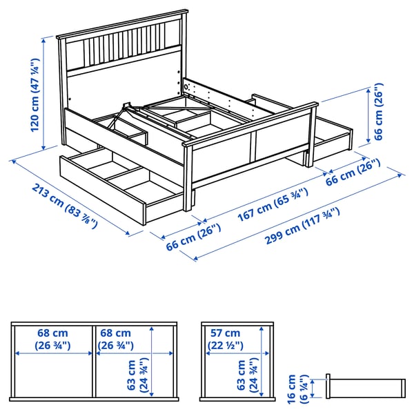 HEMNES Structure lit+4 tiroirs, teinté blanc/Lyngör blanc, Grand 2 places