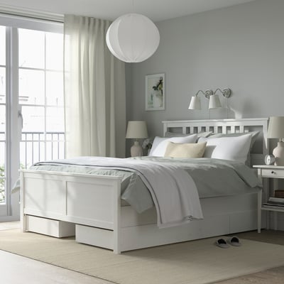 HEMNES Structure lit+4 tiroirs, teinté blanc/Lyngör blanc, Deux places