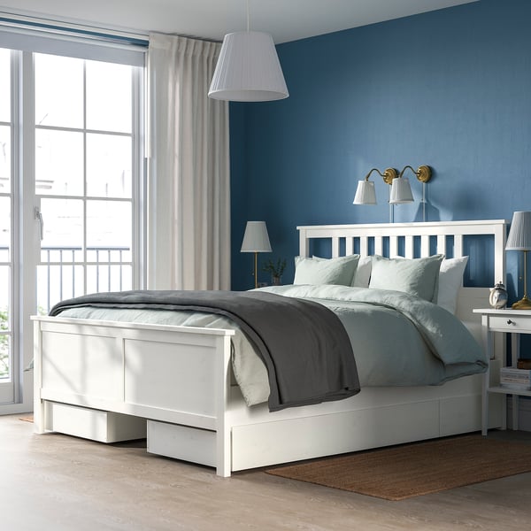 HEMNES Structure lit+4 tiroirs, teinté blanc, Deux places