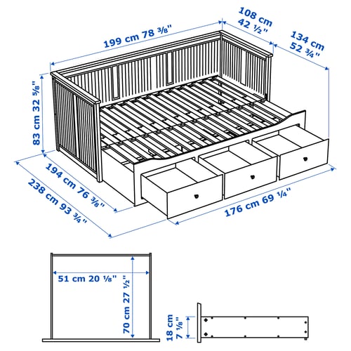 HEMNES Structure lit d'appoint à 3 tiroirs, gris-vert, 1 place