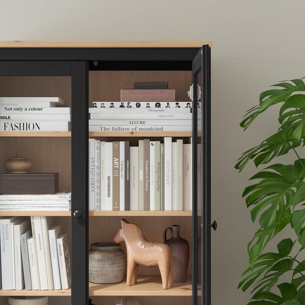 HEMNES Vitrine à trois tiroirs, brun-noir/brun clair, 35 3/8x77 1/2 "