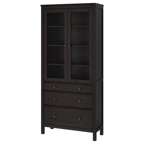HEMNES Vitrine à trois tiroirs, brun-noir, 35 3/8x77 1/2 "