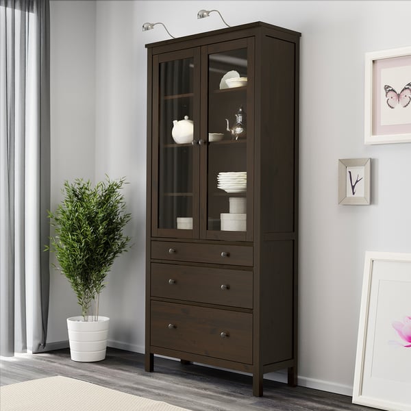 HEMNES Vitrine à trois tiroirs, brun-noir, 35 3/8x77 1/2 "