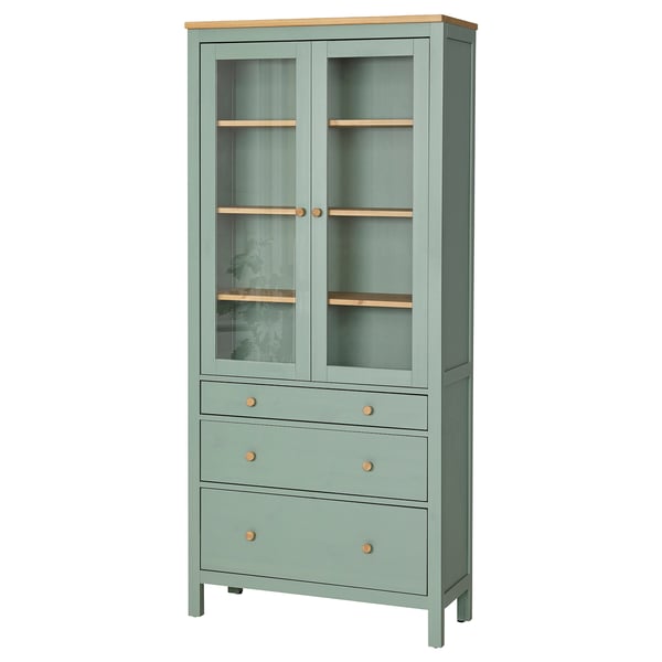 HEMNES Vitrine à trois tiroirs, gris-vert/teinté brun clair, 35 3/8x77 1/2 "
