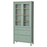 HEMNES Vitrine à trois tiroirs, gris-vert/teinté brun clair, 35 3/8x77 1/2 "