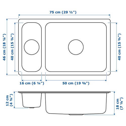 HILLESJÖN Évier à encastrer 1½ bac, acier inox, 29 1/2x18 1/8 "