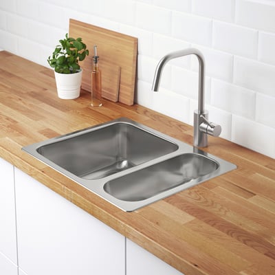 HILLESJÖN Évier à encastrer 1½ bac, acier inox, 22 7/8x18 1/8 "