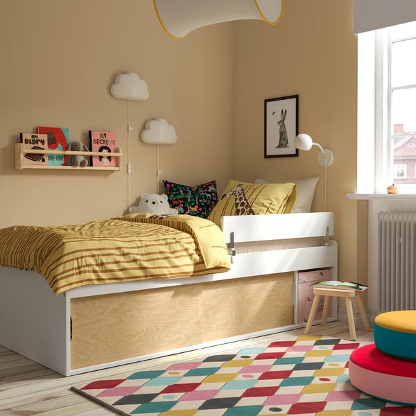 KLIPPUGGLA Structure lit avec rangement, blanc/barrière de sécurité incluse, 1 place