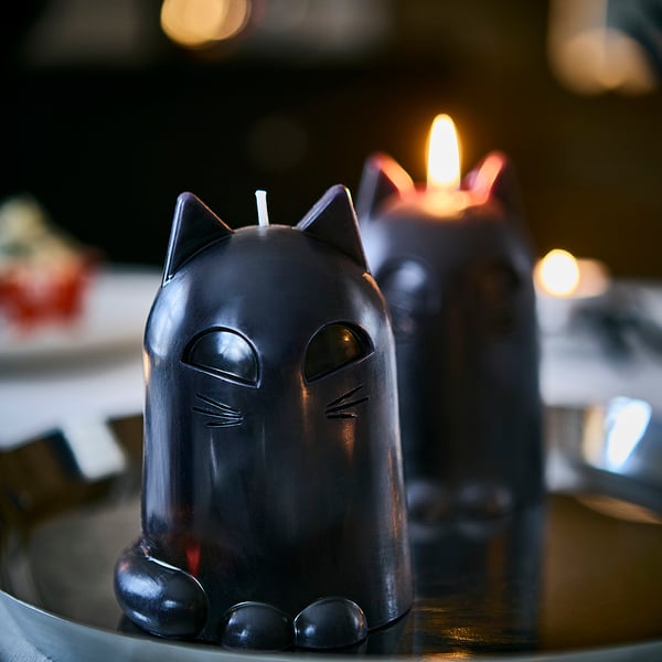 KUSTFYR Bougie-bloc non parfumée, chat noir, 4 ¾ "