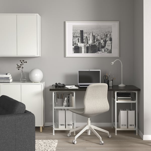 LAGKAPTEN / SPÄND Bureau, brun-noir/blanc, 55 1/8x23 5/8 "