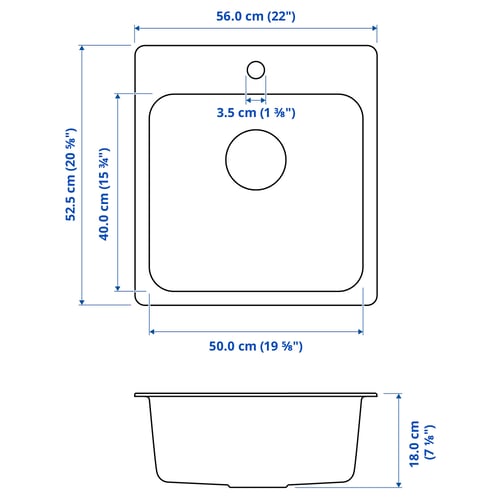 LÅNGUDDEN Évier à encastrer, 1 bac, acier inox, 22x20 5/8 "