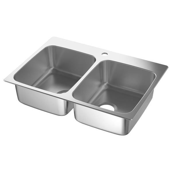 LÅNGUDDEN Évier à encastrer, 2 bacs, acier inox, 29 1/2x20 5/8 "