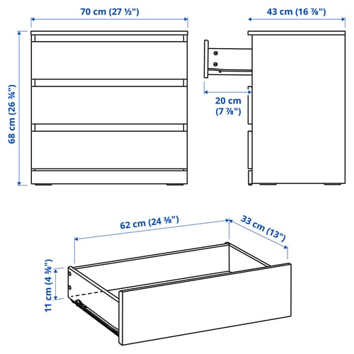LILLBERGET Commode à 3 tiroirs, blanc, 27 1/2x16 7/8x26 3/4 "
