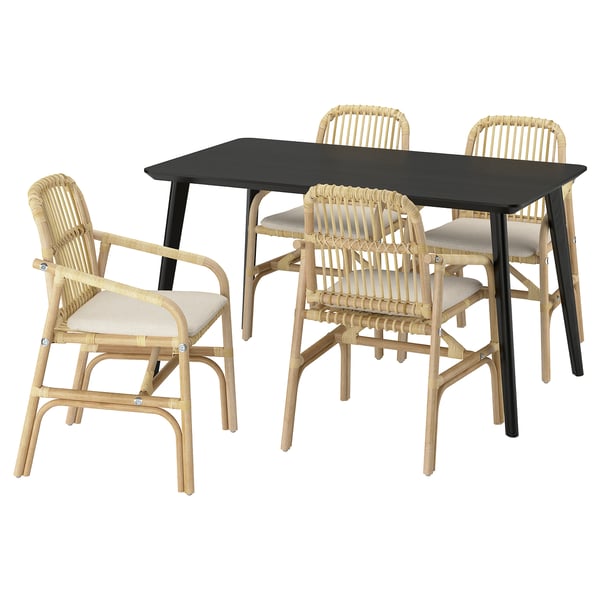 LISABO / SALNÖ Table et 4 chaises à accoudoirs, noir rotin/Gransel écru, 55 1/8x30 3/4 "
