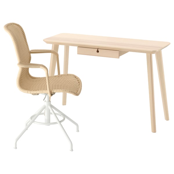 LISABO / STIGBYGEL Bureau et chaise, frêne plaqué beige/blanc