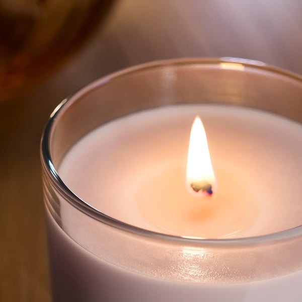 LOTSFÅGEL Bougie parfumée en verrine, fleurs roses rose clair, 40 hr