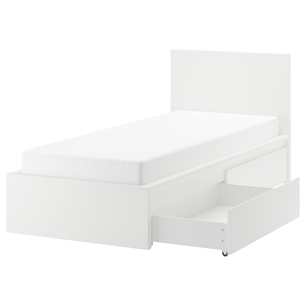 MALM Struct de lit, haut, 2 tiroirs, blanc, 1 place