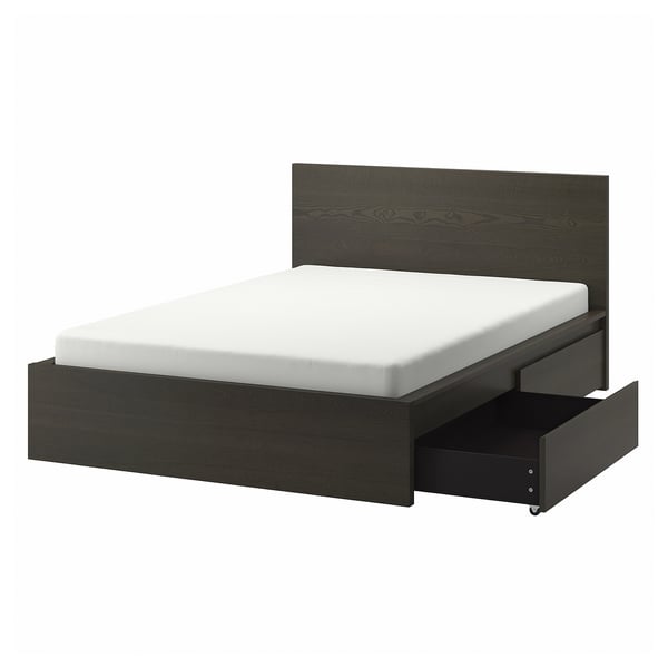 MALM Struct de lit, haut, 2 tiroirs, brun foncé plaqué, Grand 2 places