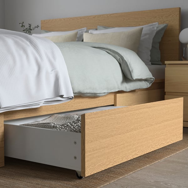 MALM Struct de lit, haut, 2 tiroirs, chêne plaqué, Grand 2 places