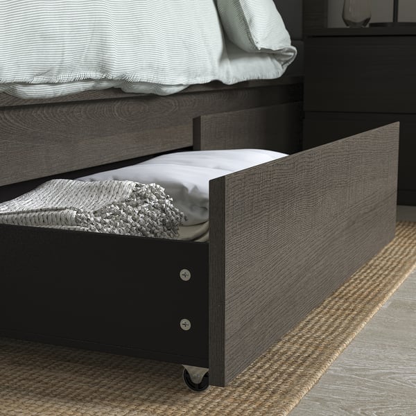 MALM Struct lit haut+ 4 tiroirs, brun foncé plaqué/Luröy, Très grand 2 places
