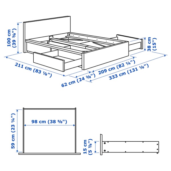 MALM Struct lit haut+ 4 tiroirs, chêne plaqué, Très grand 2 places