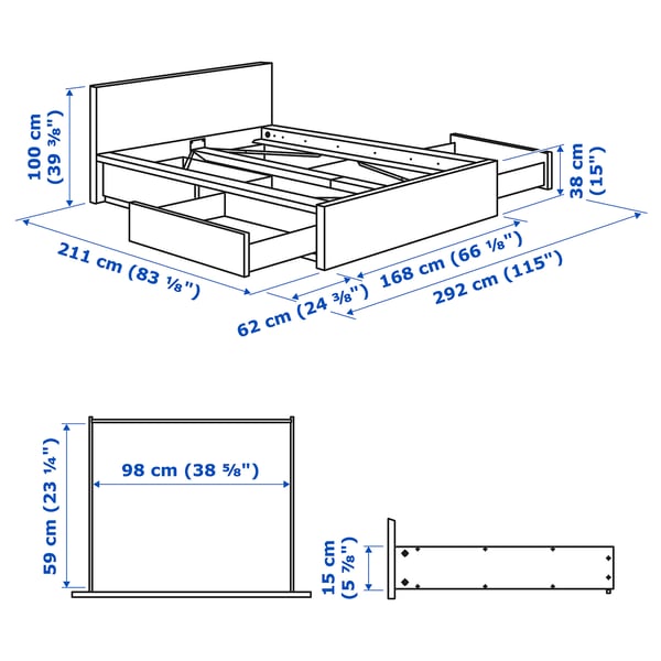 MALM Struct lit haut+ 4 tiroirs, chêne plaqué, Grand 2 places