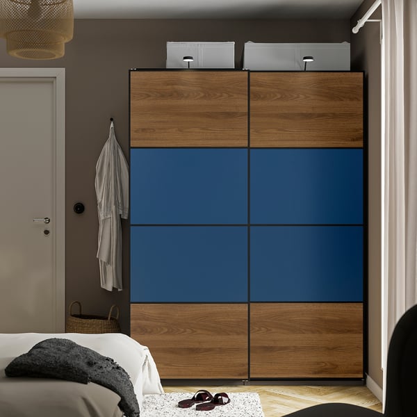 MEHAMN 4 panneaux pr pte coul, effet noyer/bleu, 29 1/2x79 1/8 "