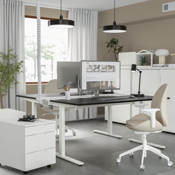 MITTZON Bureau, frêne plaqué teinté noir blanc, 63x31 1/2 "
