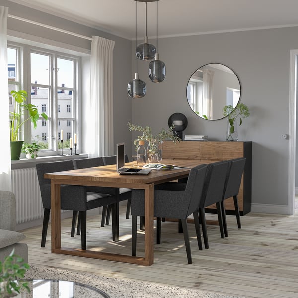 MÖRBYLÅNGA / MÅRENÄS Table+6 fauteuils, chêne plaqué teinté brun/noir Gunnared gris foncé, 86 5/8 "