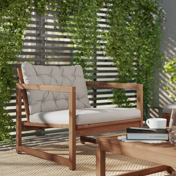 NÄMMARÖ Fauteuil, extérieur, teinté brun clair/Kuddarna gris-beige clair