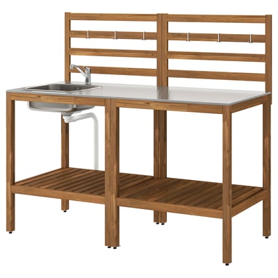 NÄMMARÖ Meuble évier, extérieur, teinté brun clair/acier inox, 63x24 3/8 "