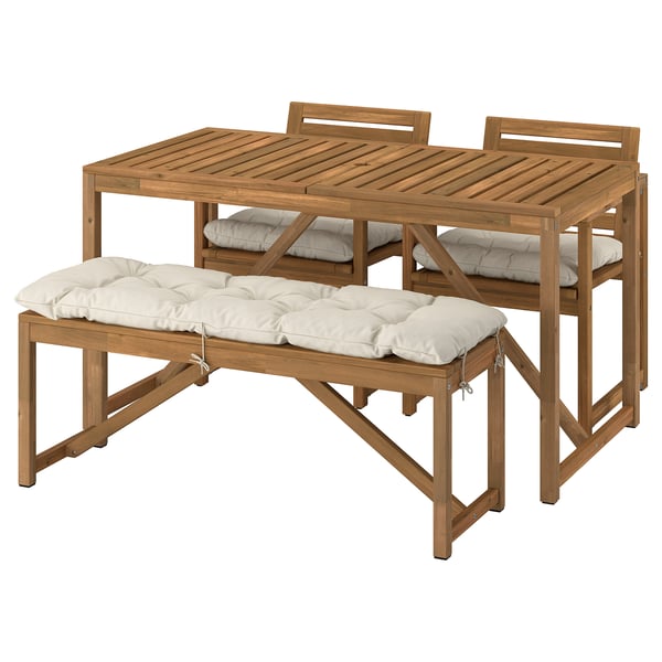 NÄMMARÖ Table+2 chaises+banc, ext, teinté brun clair/Kuddarna gris-beige clair, 55 1/8x29 1/2 "